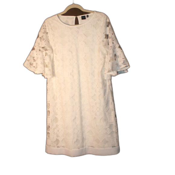 Kaari Blue white lace lined midi dress bell sleeve keyhole back size M - Picture 2 of 6